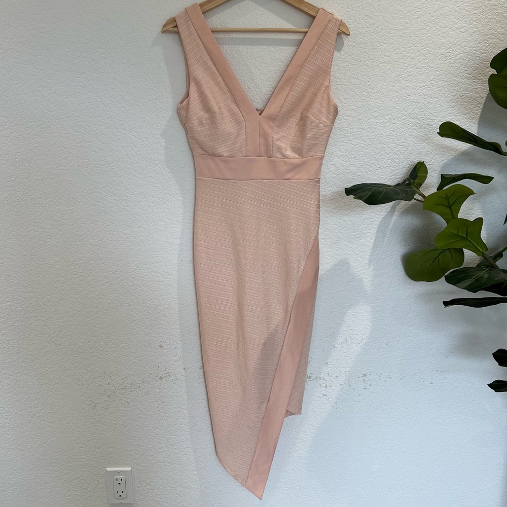 ASOS Baby Pink Bandage V-Neck Asymmetrical Bodycon Midi Special Occasion Dress 4
